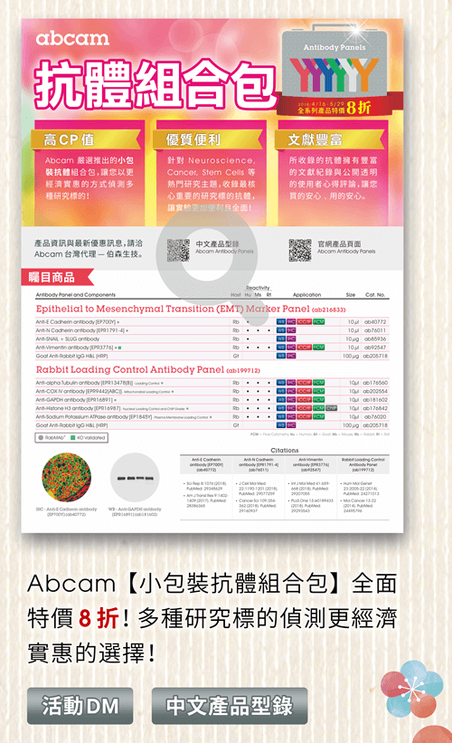 Abcam【小包裝抗體組合包】全面特價 8 折！ 多種研究標的偵測更經濟實惠的選擇！  [連結] 活動DM | 中文產品型錄