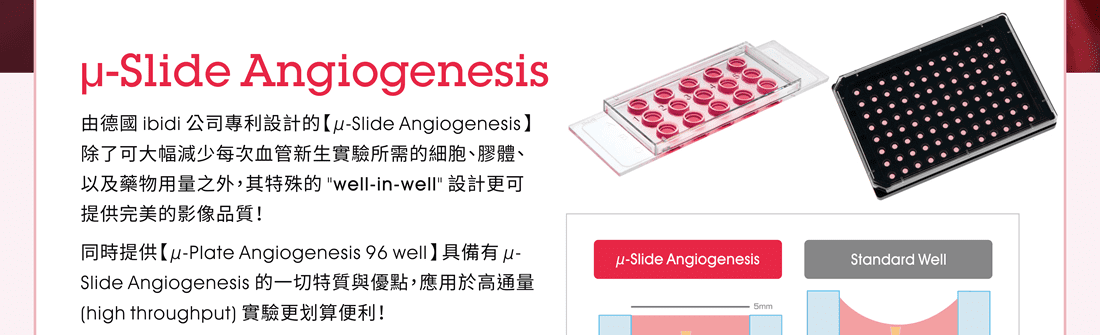 µ-Slide Angiogenesis —— 由德國 ibidi 公司專利設計的【µ-Slide Angiogenesis】除了可大幅減少每次血管新生實驗所需的細胞、膠體、以及藥物用量之外，其特殊的 "well-in-well" 設計更可提供完美的影像品質！同時提供【µ-Plate Angiogenesis 96 well】具備有 µ-Slide Angiogenesis 的一切特質與優點，應用於高通量 (high throughput) 實驗更划算便利！