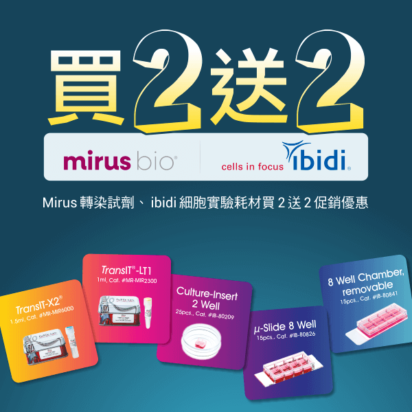 Mirus 轉染試劑、ibidi 細胞實驗耗材買2送2促銷優惠